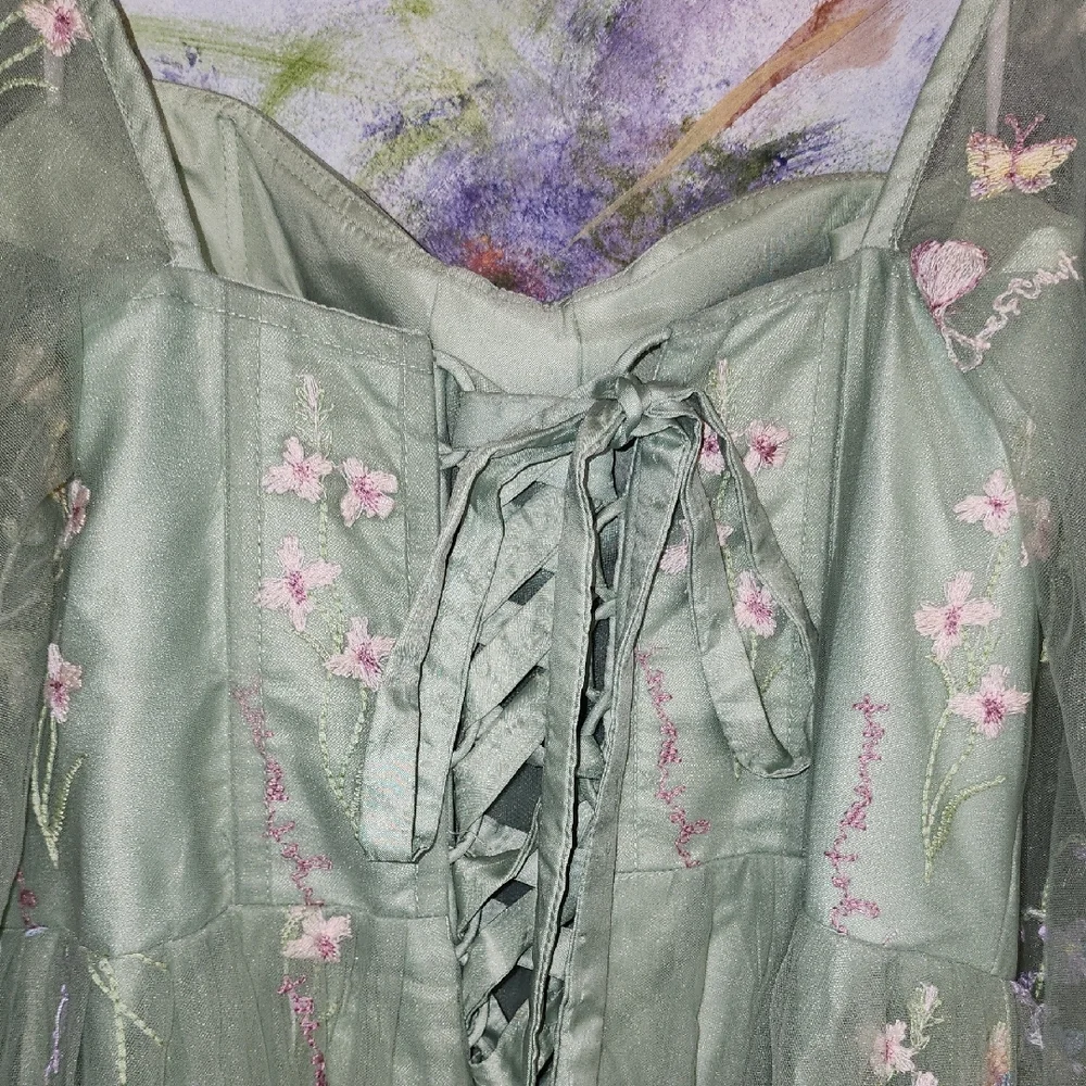 Elegant Floral Fairy Princess Corset Lng Sleeve Maxi Dress in Green Pink Floral - Picture 11 of 14